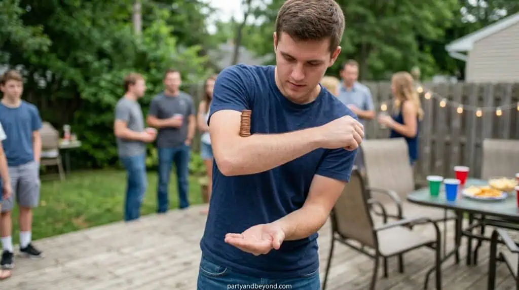 Participant flipping and catching pennies in a challenging Minute to Win It game