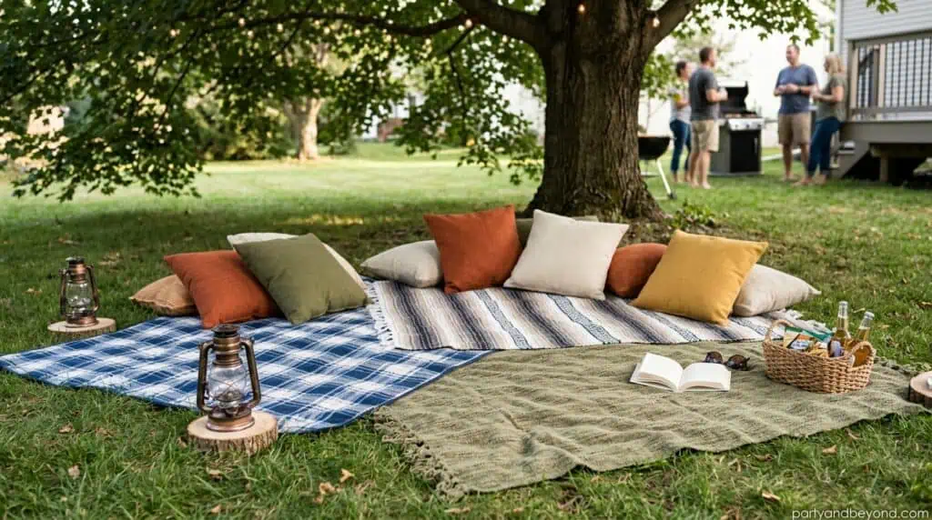 Outdoor picnic blanket seating area with pillows for relaxed BBQ gathering