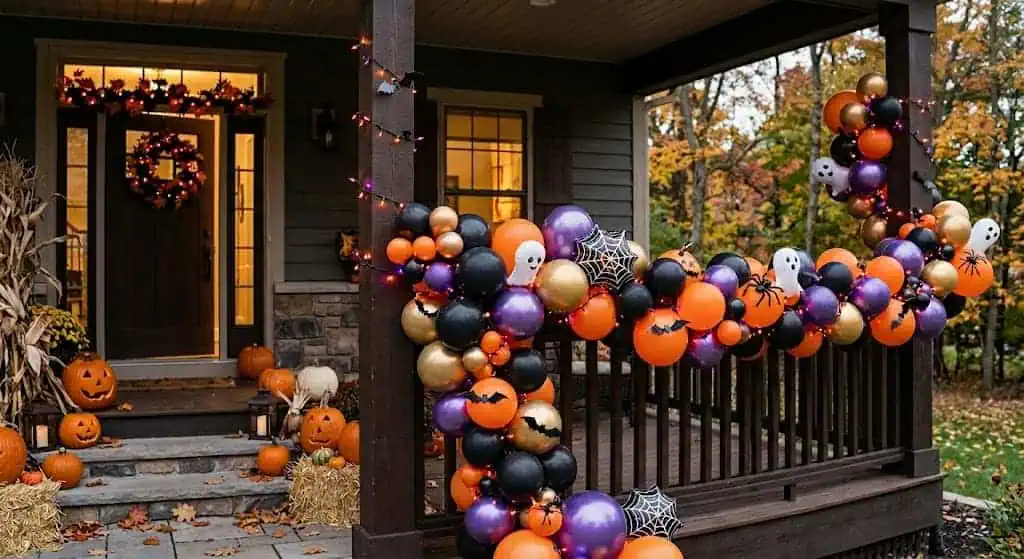Colorful Halloween balloon garland with pumpkins and spooky accents.