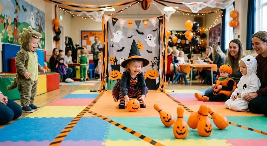 Kids in costumes enjoying Halloween party with decorations and pumpkins.