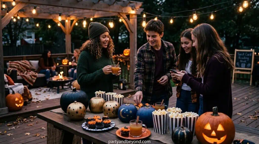 Teen fall birthday party with glowing pumpkins, fairy lights, purple decor, and elegant dessert table Fall Birthday Party Ideas