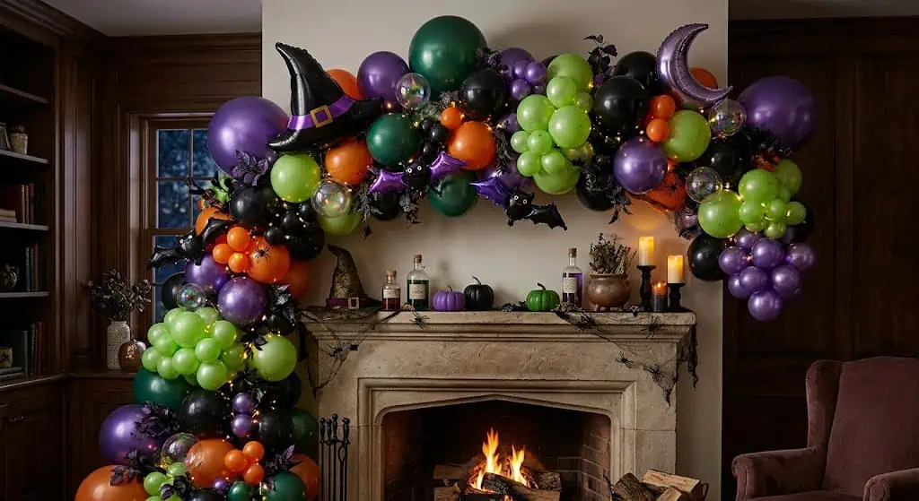 Colorful Halloween balloon garland with bats and moon decorations.