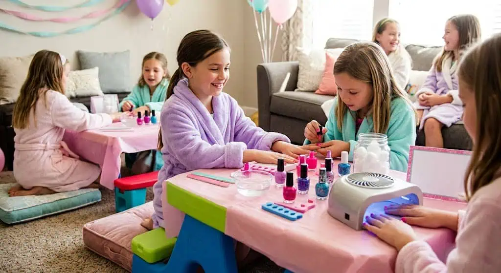 Girls having fun at a spa-themed birthday party with nail polish and relaxation stations.