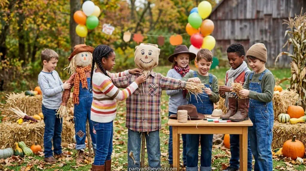 Children creating scarecrows with straw hats, flannel shirts, and craft supplies at a fall par