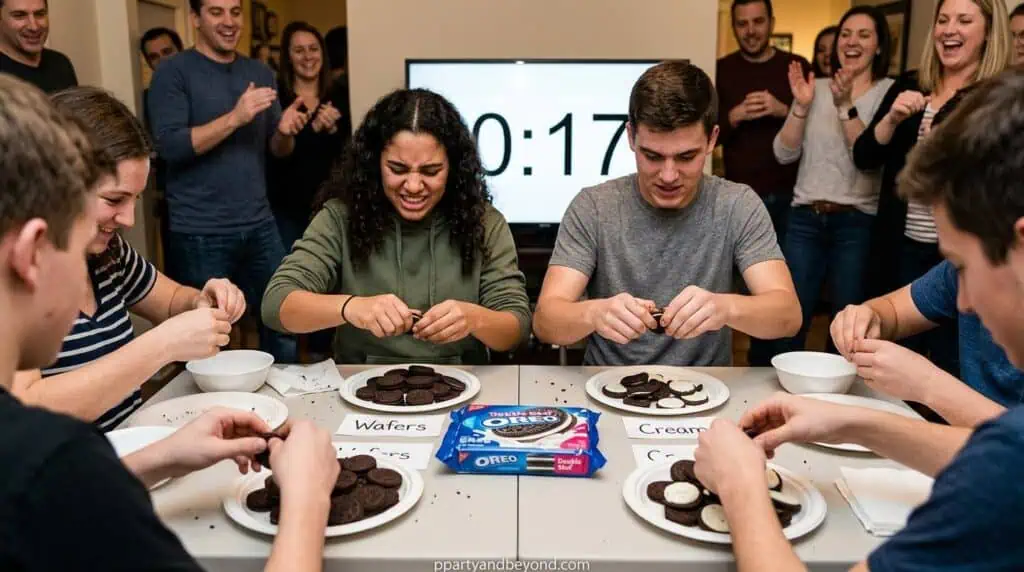 Adult separating Oreo cookies into cream and wafer pieces against the clock