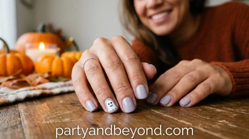 A simple ghost design on one nail with white polish and minimal facial details. A clean and cute Halloween-themed accent.