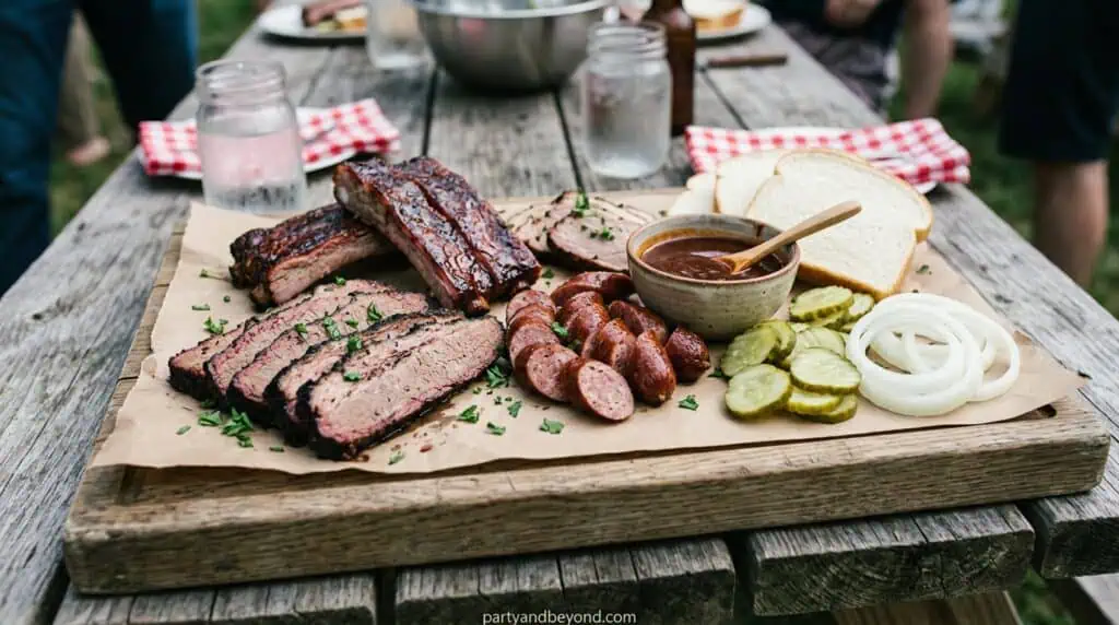 BBQ smoked meats arranged on butcher board with rustic presentation style