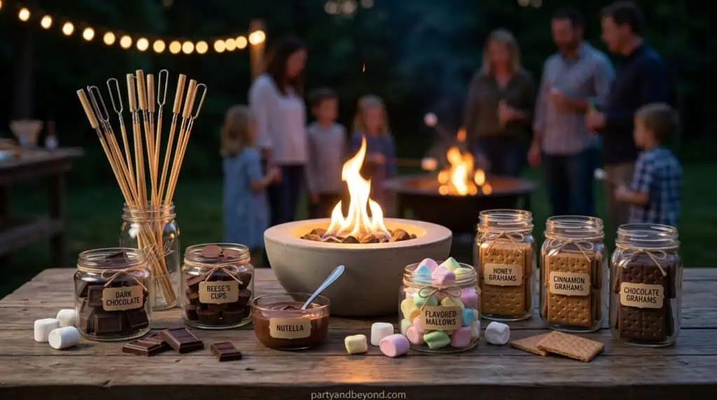 Outdoor s’mores station with marshmallows, chocolate, and firepit setup at night