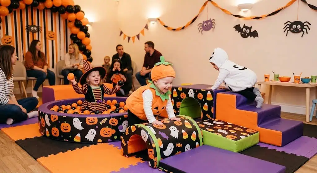 Kids in Halloween costumes playing in a decorated party room.