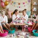 21 Spa Party Ideas for Girls (DIY Stations, Robes & Cucumber Everything) Girls enjoying a spa-themed DIY station with robes, cucumbers, and fun decorations.