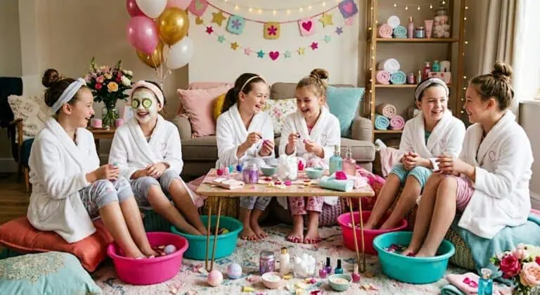 Girls enjoying a spa-themed DIY station with robes, cucumbers, and fun decorations.