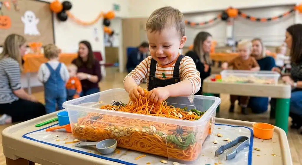 Young child playing with spaghetti at Halloween-themed toddler party.