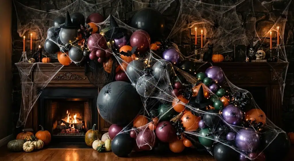 Spooky Halloween balloon garland with pumpkins, skulls, and candles.
