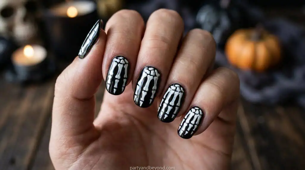White bone designs painted over a dark base for a realistic skeletal effect.