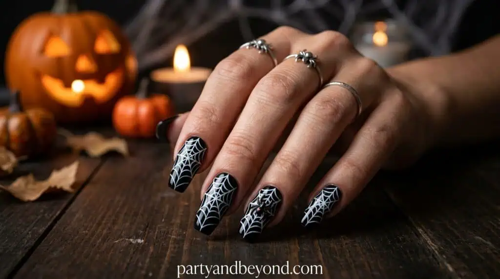 A more detailed version of spiderweb designs covering multiple nails for a bold spooky effect.