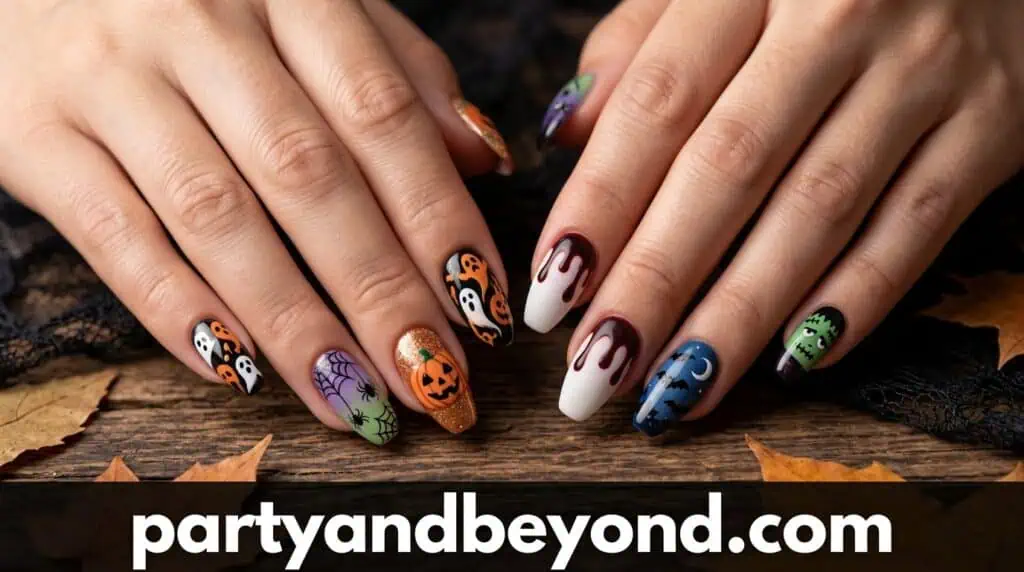 Each nail features a different Halloween icon such as ghosts, pumpkins, spiders, and bats while maintaining a cohesive color palette.