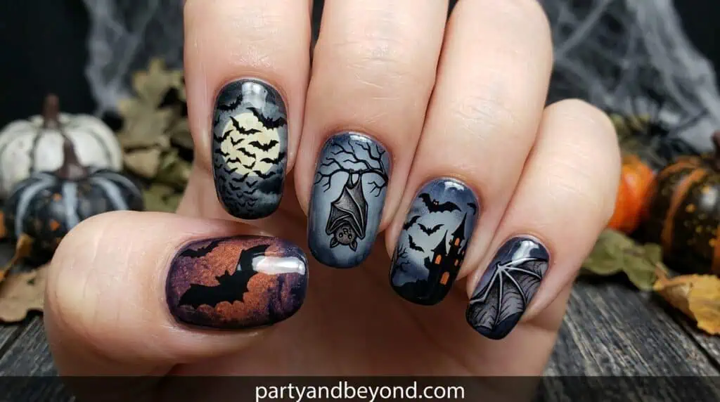 A repeated bat pattern across all nails, often created using stamping tools for precision.