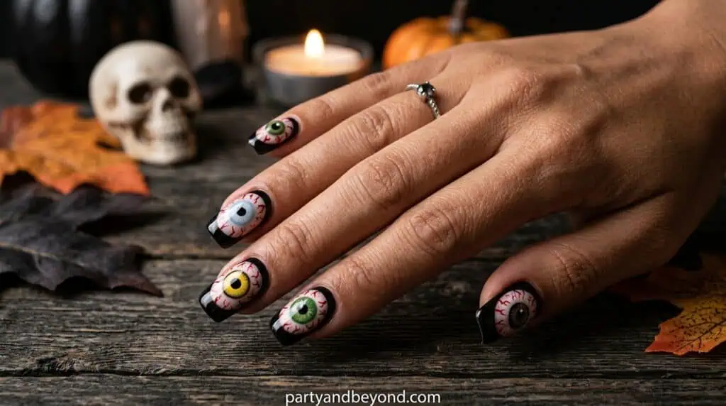 Creepy eyeball designs featuring colored circles, pupils, and thin red vein details.