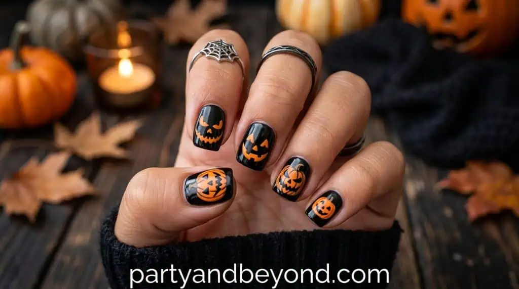 Orange pumpkin nails with simple black facial expressions inspired by classic Halloween pumpkins.