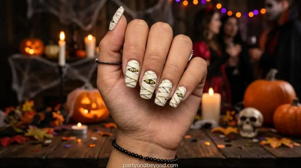 White wrap-like stripes over a neutral base, inspired by mummy bandages.