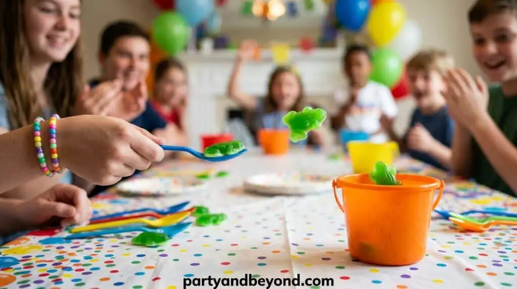 Family members playing the chocolate game at a holiday party