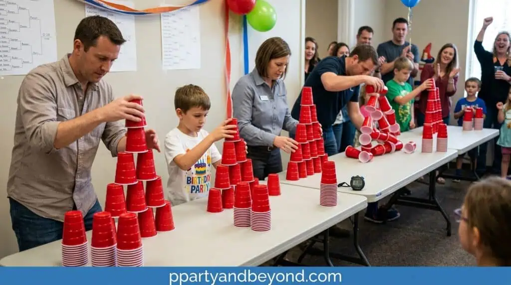 Players stacking plastic cups into a pyramid during a party competition
