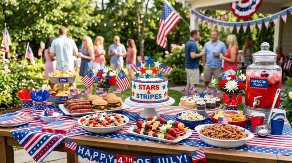 Stars and stripes buffet table setup for Fourth of July party food display
