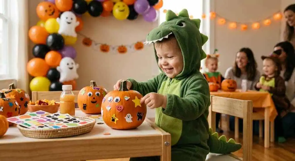 Young child in dinosaur costume carving a pumpkin at Halloween party.