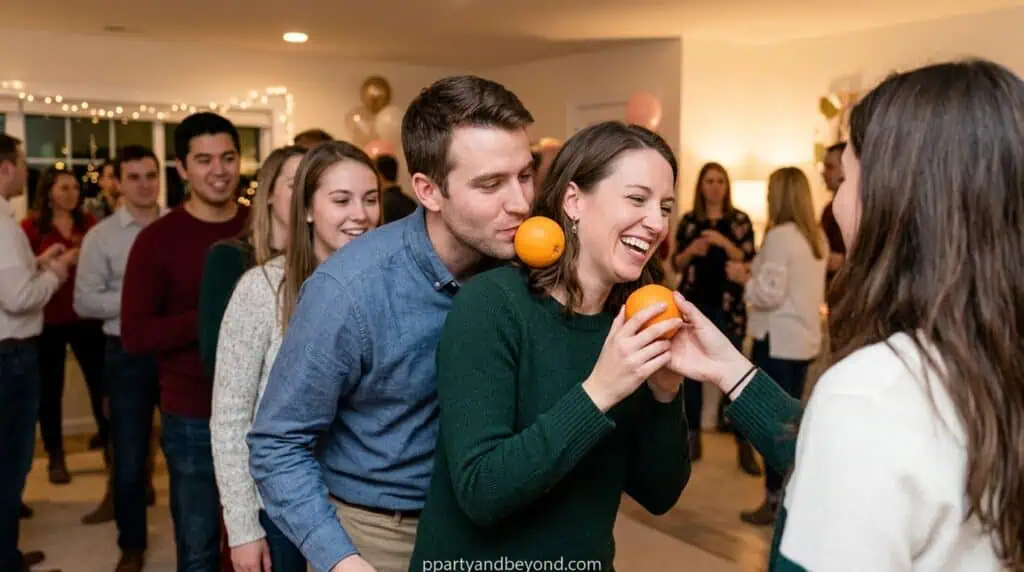 Team passing an orange neck-to-neck without using hands at a party