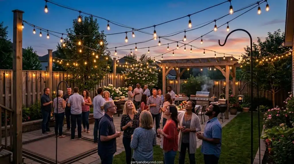 Edison bulb string lights hanging across a backyard creating warm evening BBQ ambiance