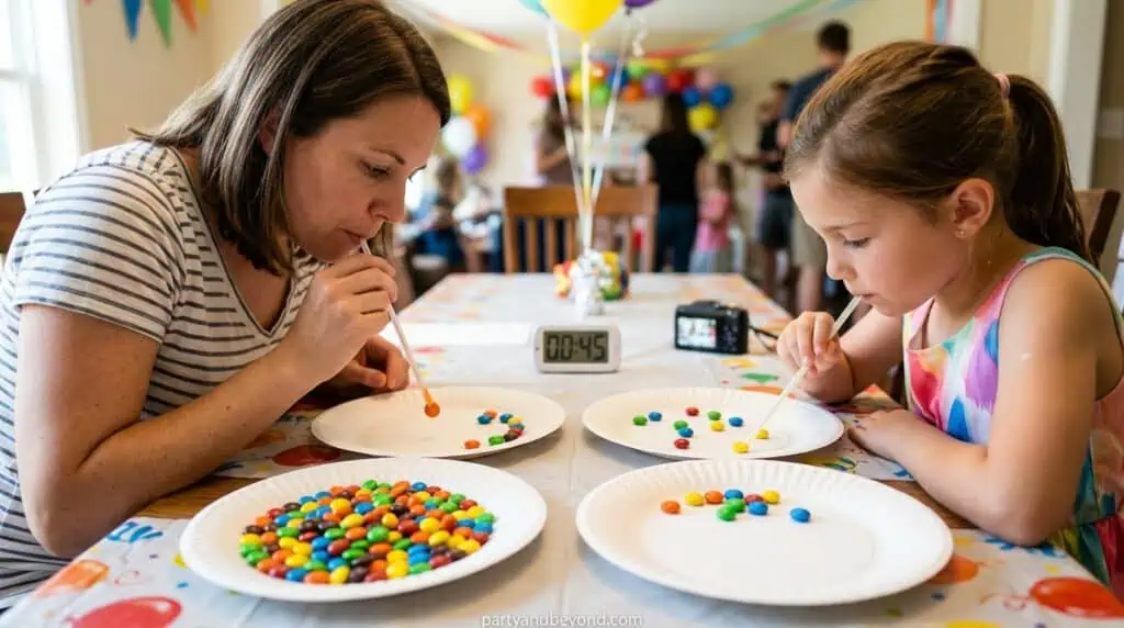 Party guests transferring candy using straws in a Minute to Win It game