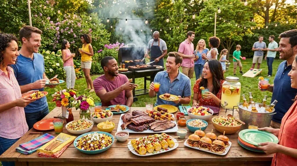 Group of friends enjoying a summer barbecue with food and drinks outdoors.