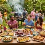 15 Best BBQ Party Ideas for Summer Cookouts Group of friends enjoying a summer barbecue with food and drinks outdoors.