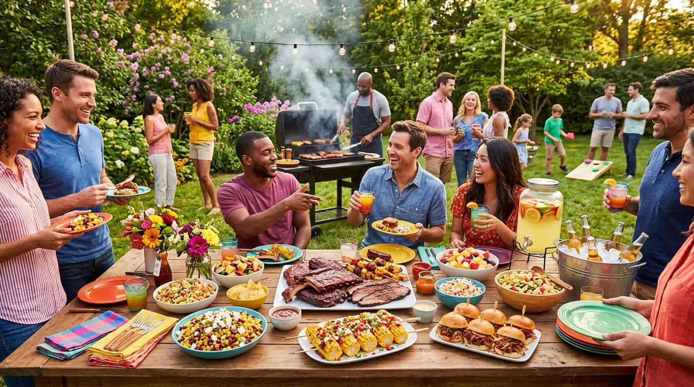 Group of friends enjoying a summer barbecue with food and drinks outdoors.