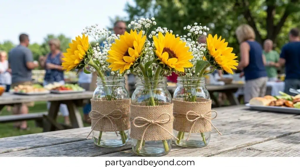 Mason jars filled with sunflowers used as simple rustic BBQ table décor