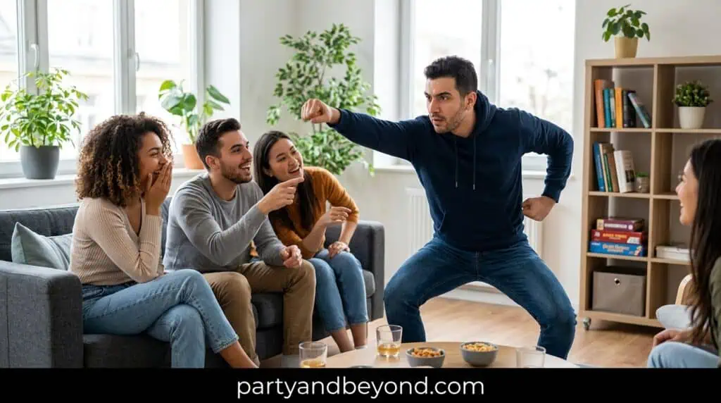 Superhero charades featuring Marvel and DC characters with action poses.