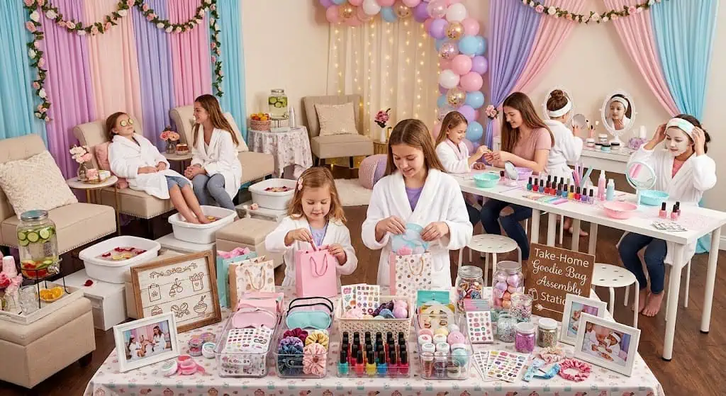 Girls enjoying a spa party with nail polish, robes, and relaxing decor.
