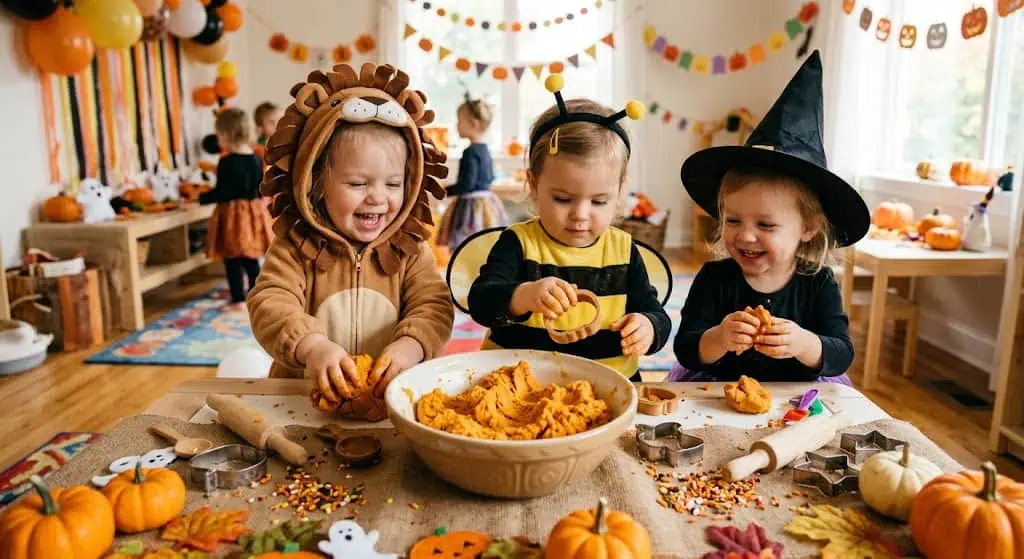 Cute toddlers in costumes enjoying Halloween treats at a festive party.