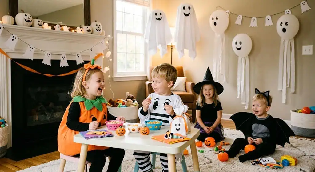 Kids in Halloween costumes enjoying a festive party with decorations and treats.