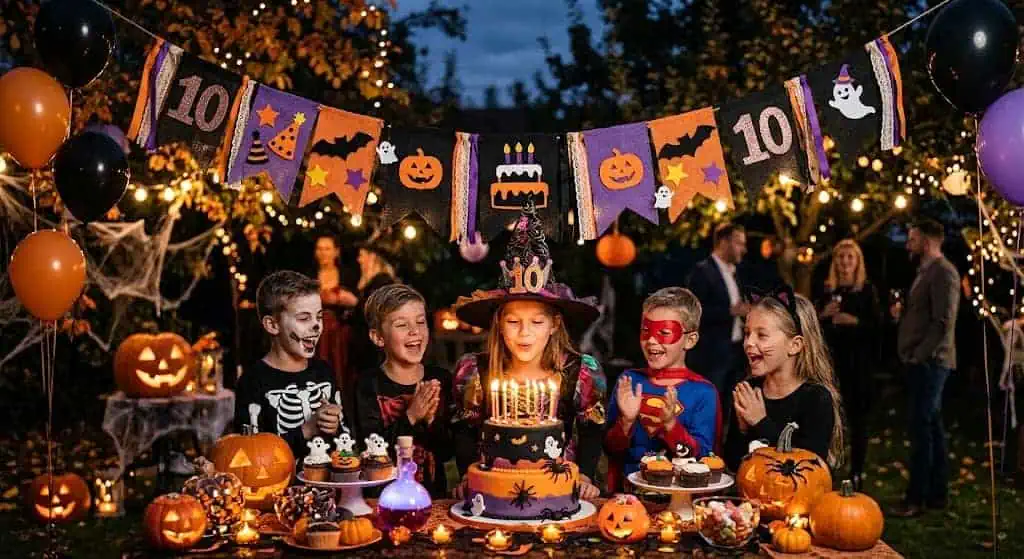 Children celebrating a Halloween-themed birthday with costumes and decorations.