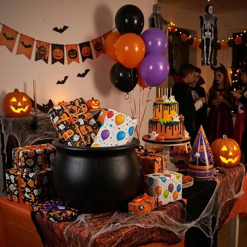 Halloween themed party with decorations, gifts, and cake for October birthdays.