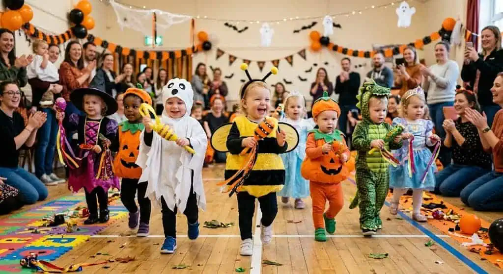 Cute toddlers in Halloween costumes at a festive party with decorations and guests.