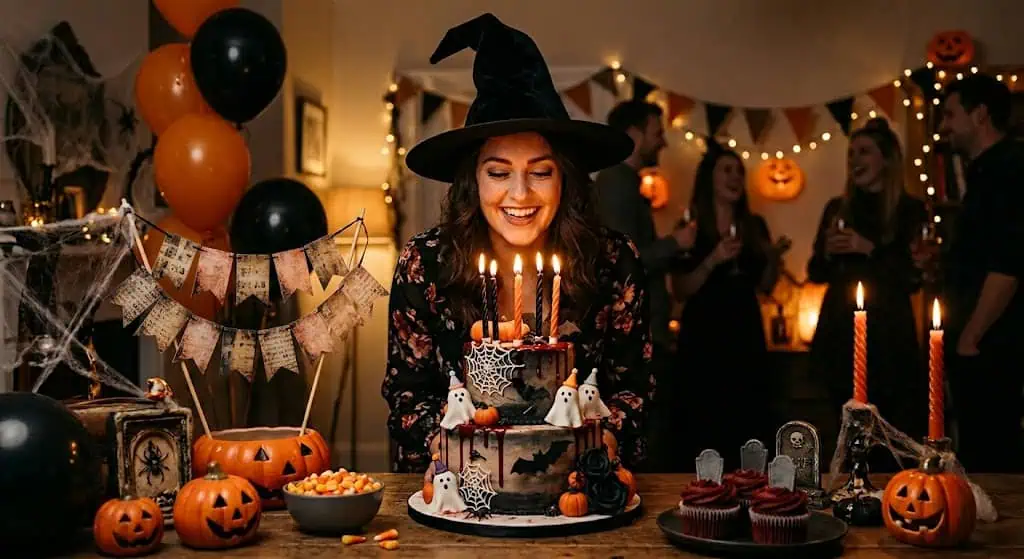 Woman in witch costume celebrating birthday with cake and Halloween decorations.