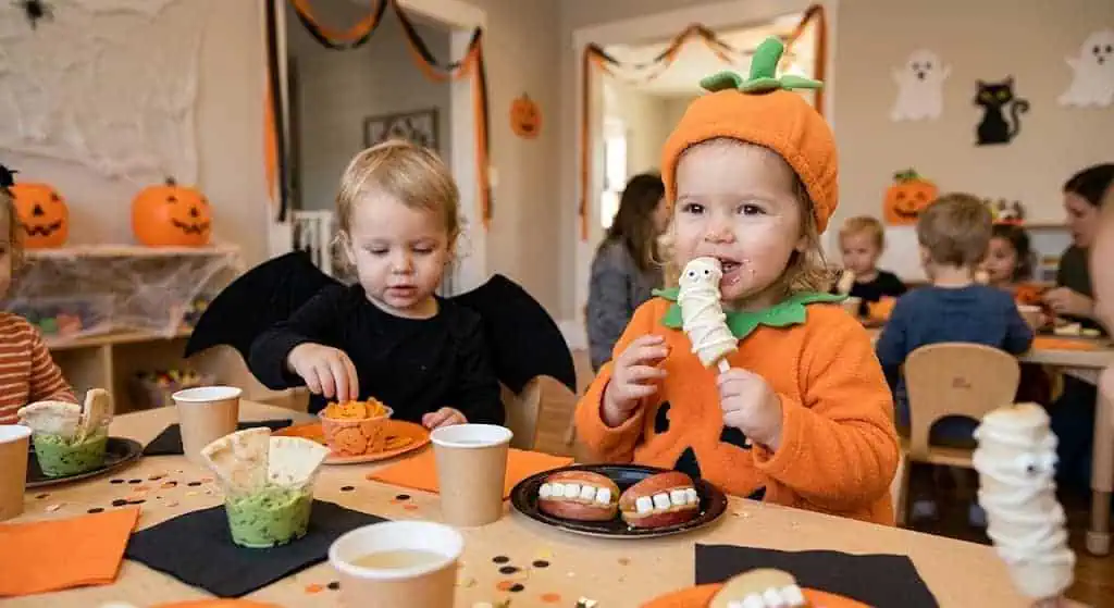 Kids in Halloween costumes enjoying treats at a toddler party.