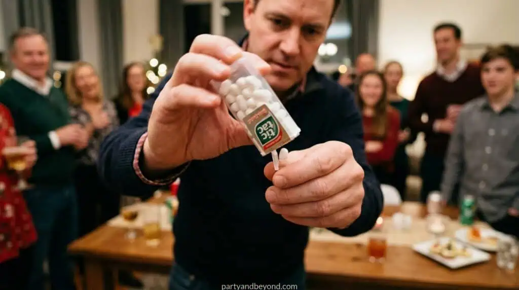 Player trying to shake a Tic Tac out of a container during a Minute to Win It game