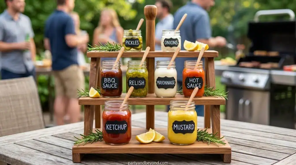 Three-tier condiment stand with sauces and mason jars arranged for outdoor BBQ