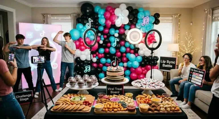 Vibrant balloon backdrop with party snacks and entertainment for kids' celebration.