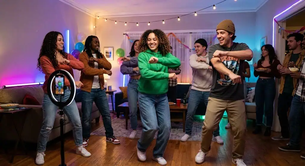 Group of diverse friends dancing and having fun at a lively indoor party.