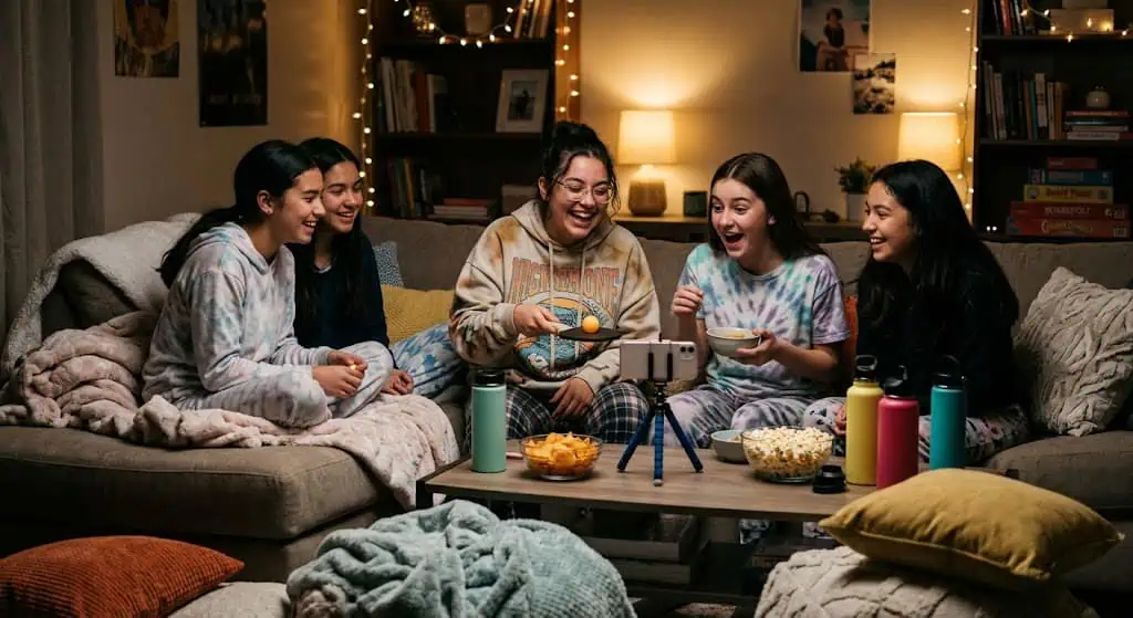Group of friends enjoying a cozy indoor party with snacks and drinks.