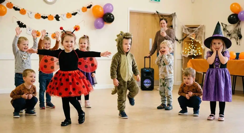 Kids in Halloween costumes enjoying a festive party with decorations.